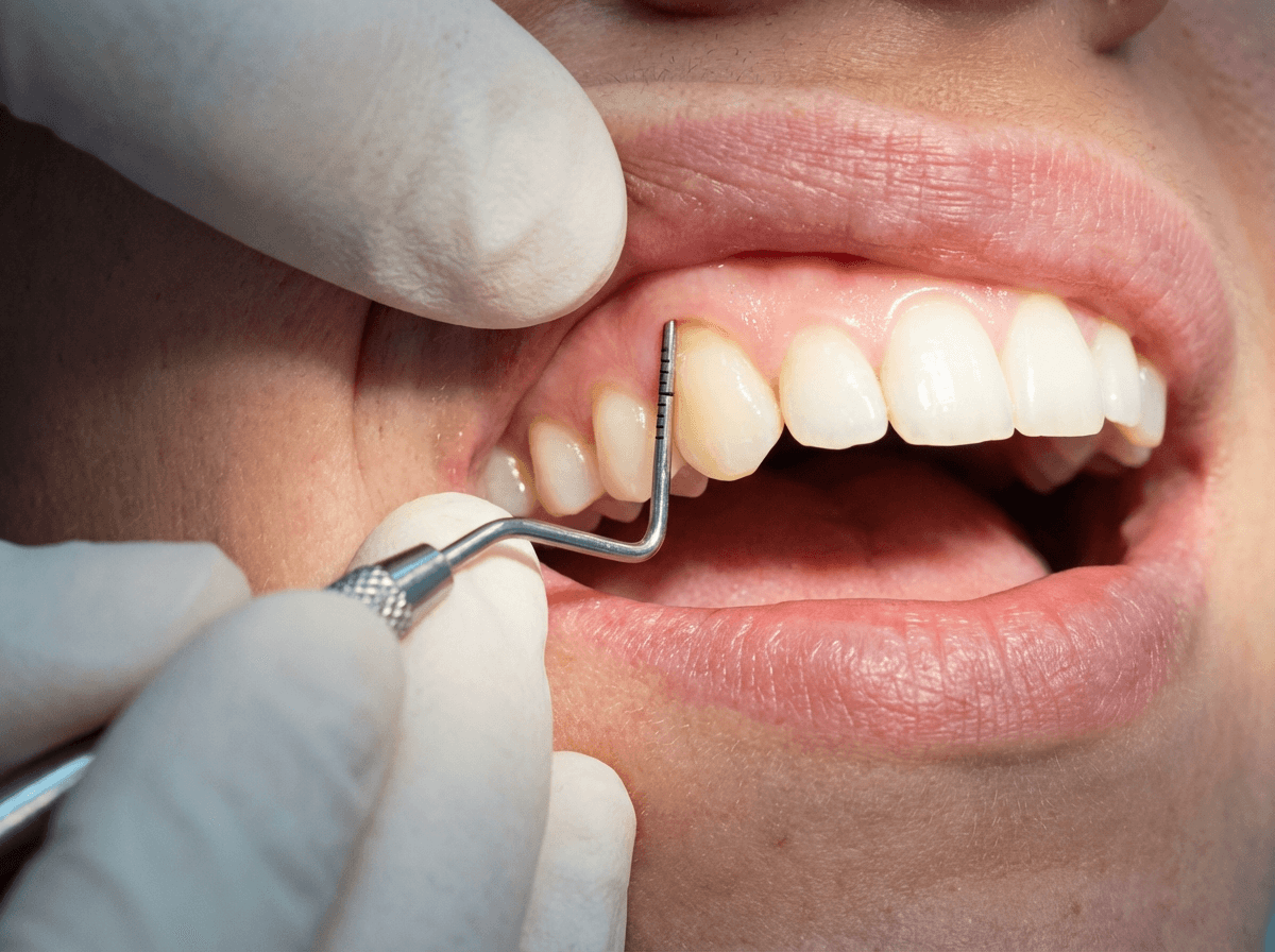 Examen parodontal avec sonde parodontale mesurant la perte d'attache clinique